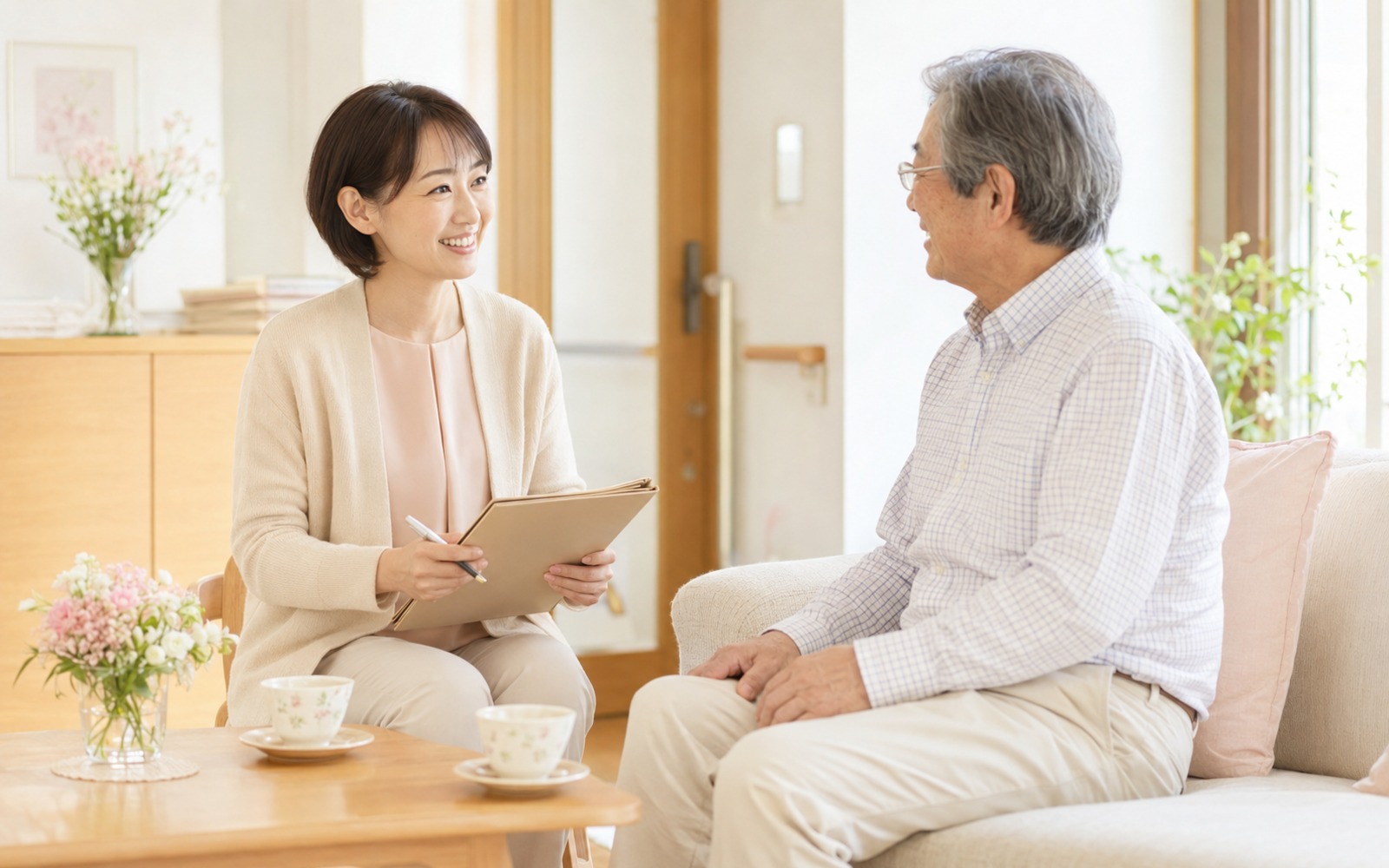 玄関先で利用者と笑顔で会話する訪問看護師