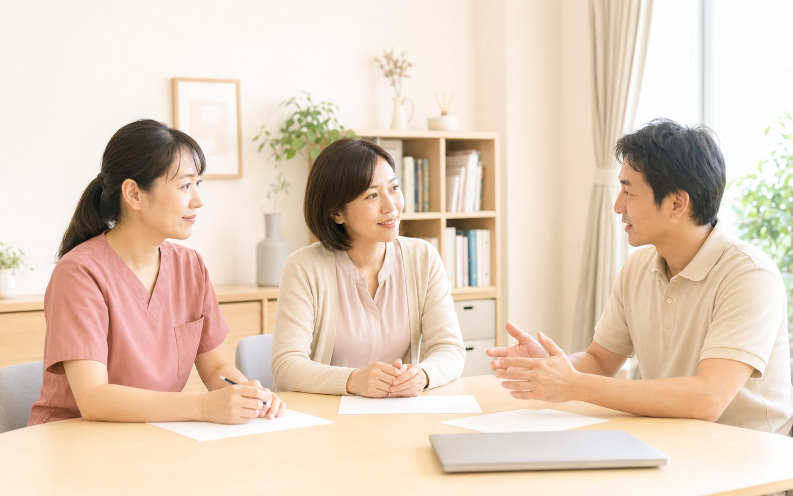 リビングでカルテを記入する訪問看護師