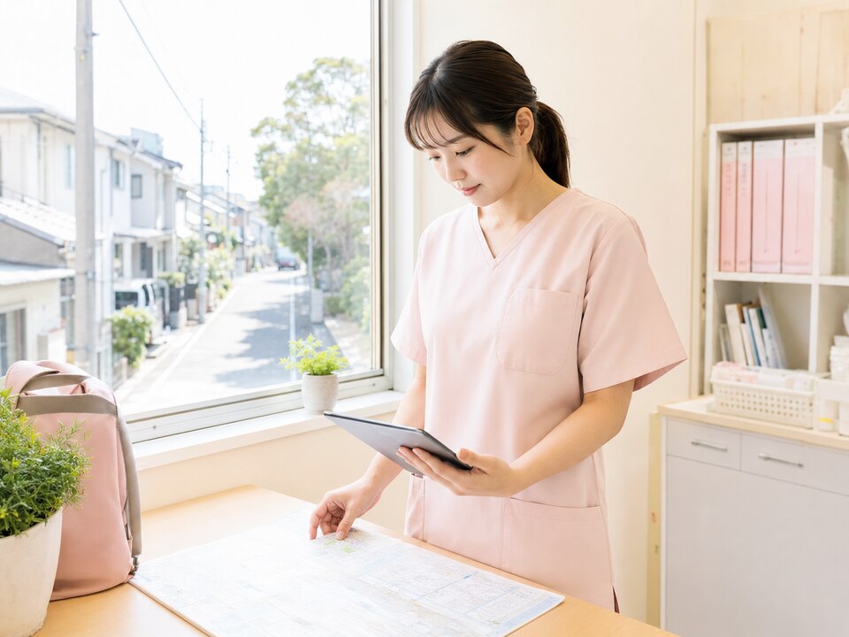 訪問看護師が地図を確認しながら訪問先を確認している様子