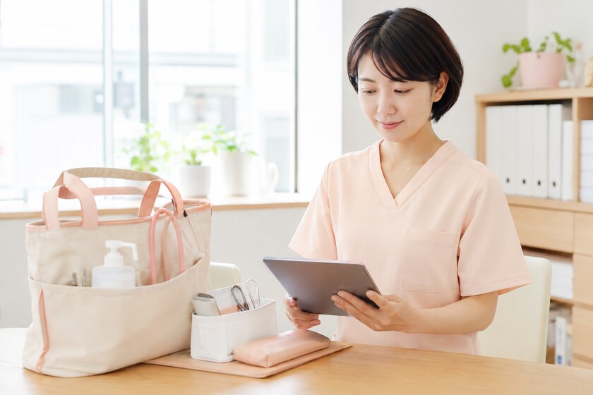 非常勤看護師が柔軟な時間帯で訪問準備をしている様子