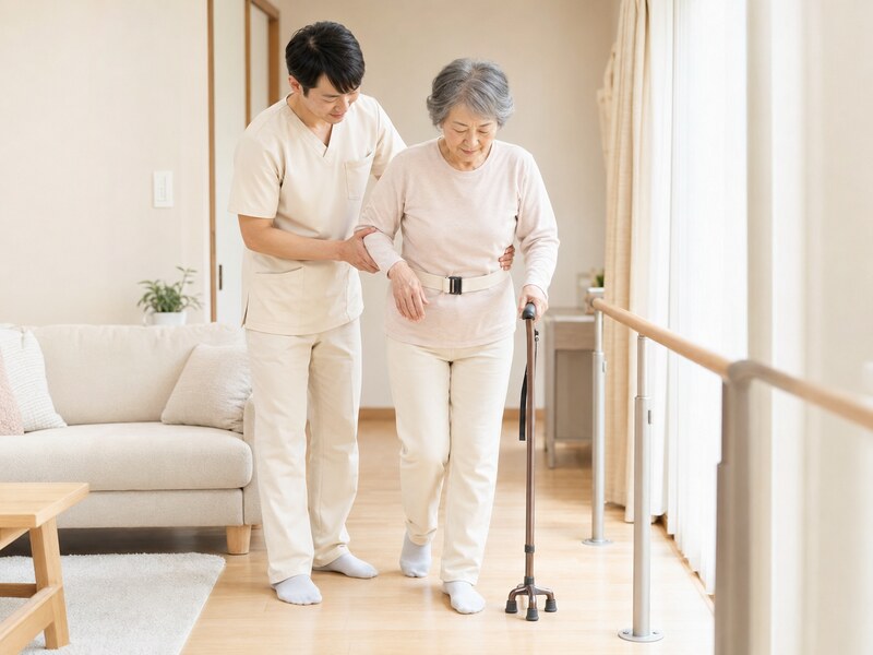 理学療法士が利用者の歩行練習をサポートしている様子