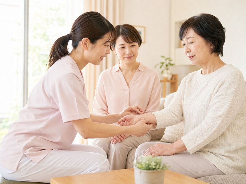 訪問看護師が利用者の体調を確認し、ご家族が見守っている様子