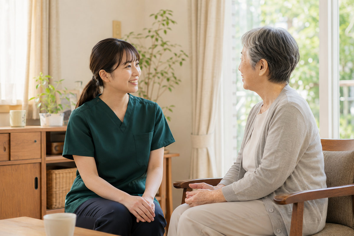 看護師が利用者の自宅で健康チェックを行う様子
